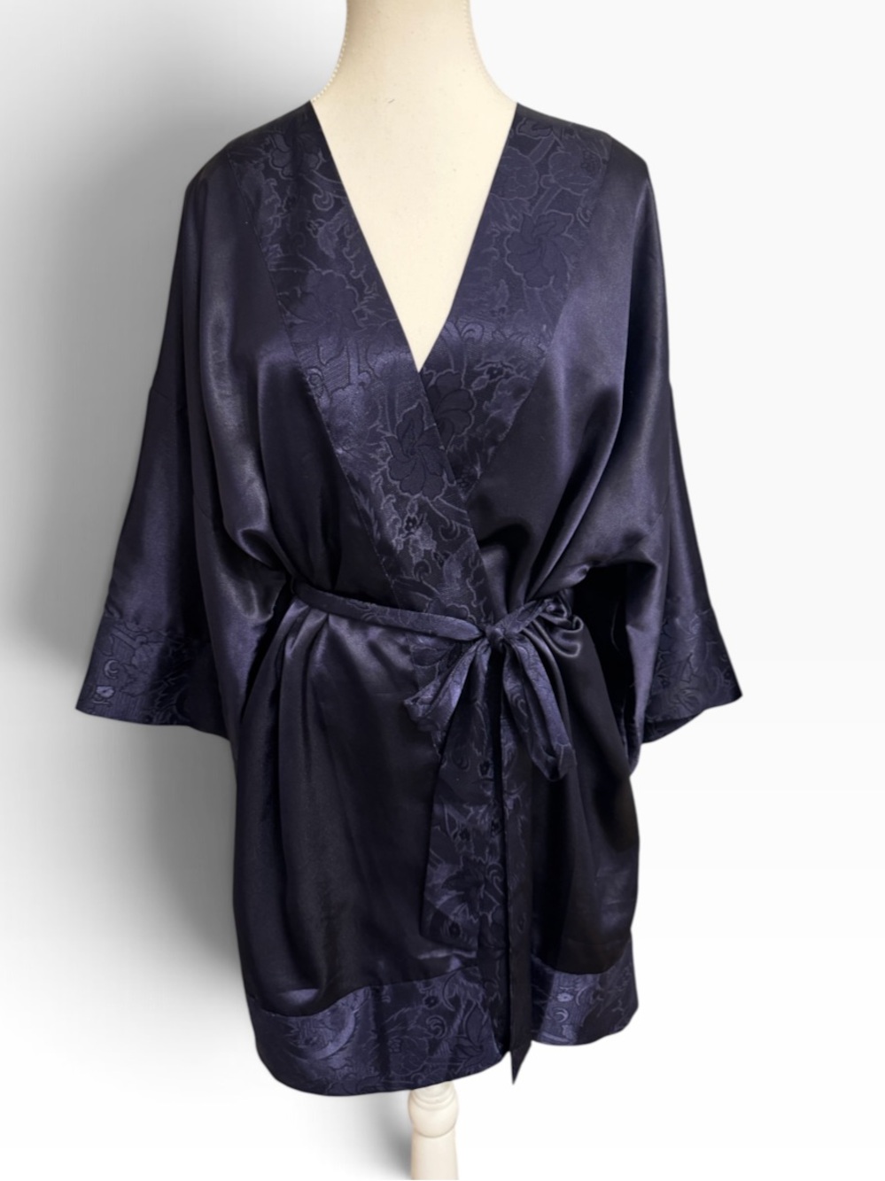 Vintage 90s Victoria’s Secret Gold Label Navy Satin Jacquard Kimono Robe O/S